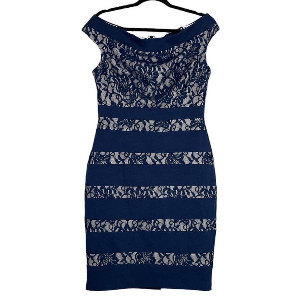 Jax Navy Blue Lace Striped Off The Shoulder Boat Neck Dress Size 10